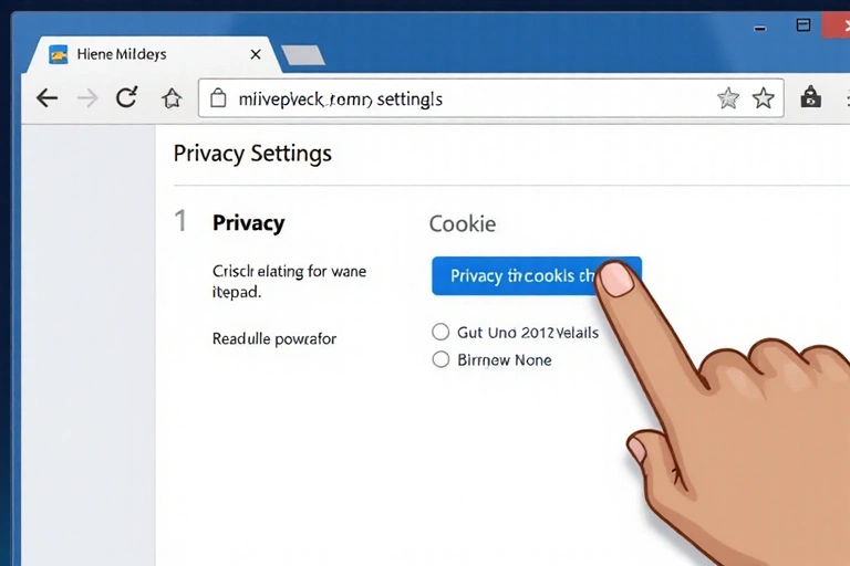 Ilustración de una mano haciendo clic en un botón de configuración o privacidad en un navegador web, simbolizando la gestión de cookies.