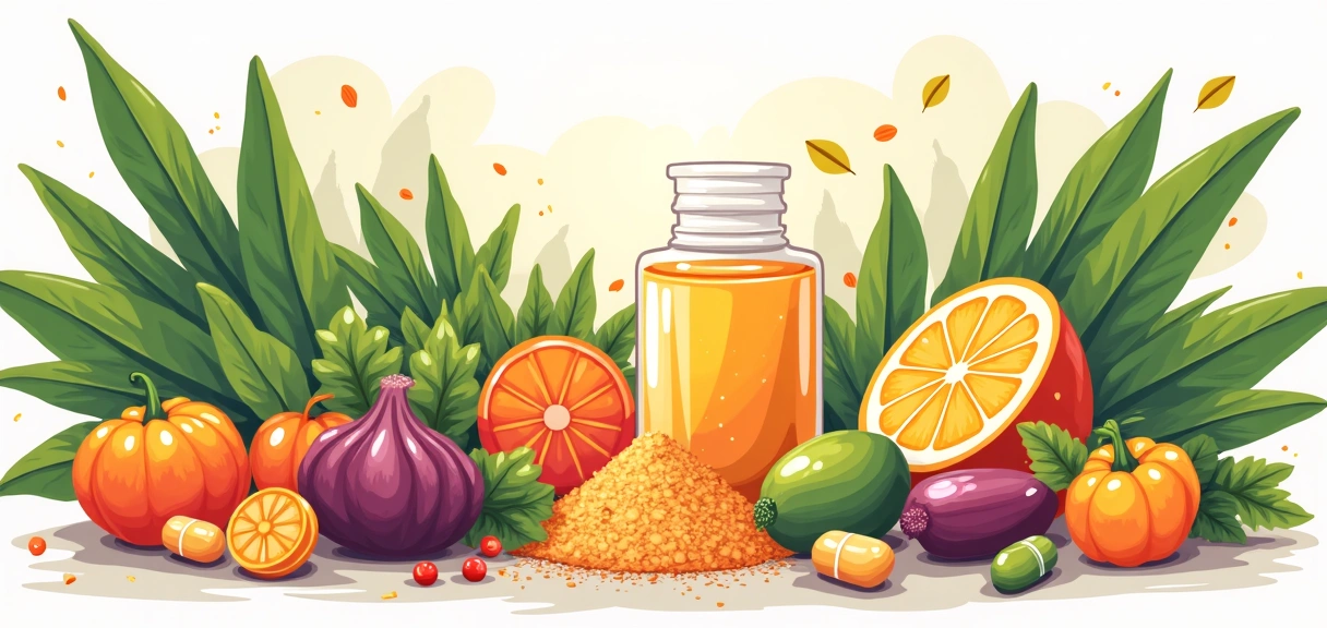 Ilustración de ingredientes naturales y suplementos