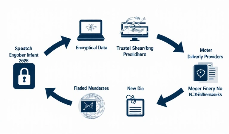 Diagrama de flujo que muestra la compartición segura de datos con proveedores de servicios confiables, enfatizando la protección de la privacidad. Iconos de candado y flechas de cifrado.